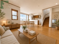 木目と白が調和する、心落ち着く柔らかな空間。広々とした開放感の中にも穏やかな時間が流れ、日々の暮らしに自然と馴染む、心地よい静けさを感じられる住まいです
※家具と雑貨はAI生成したものになります。
